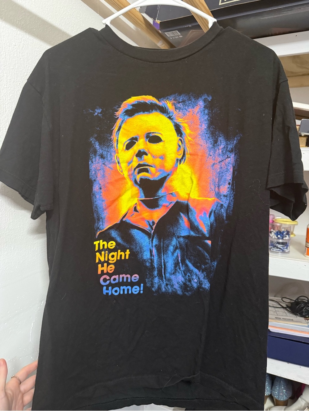 Black Graphic Short-Sleeve Tee with Neon Horror Portrait